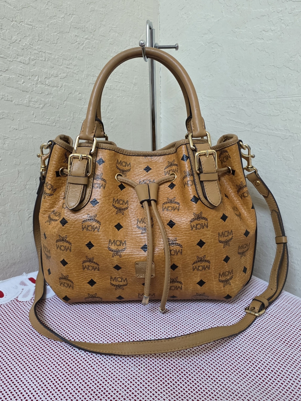MCM Cognac Drawstring Handbag With Long Handle Satchel Authentic